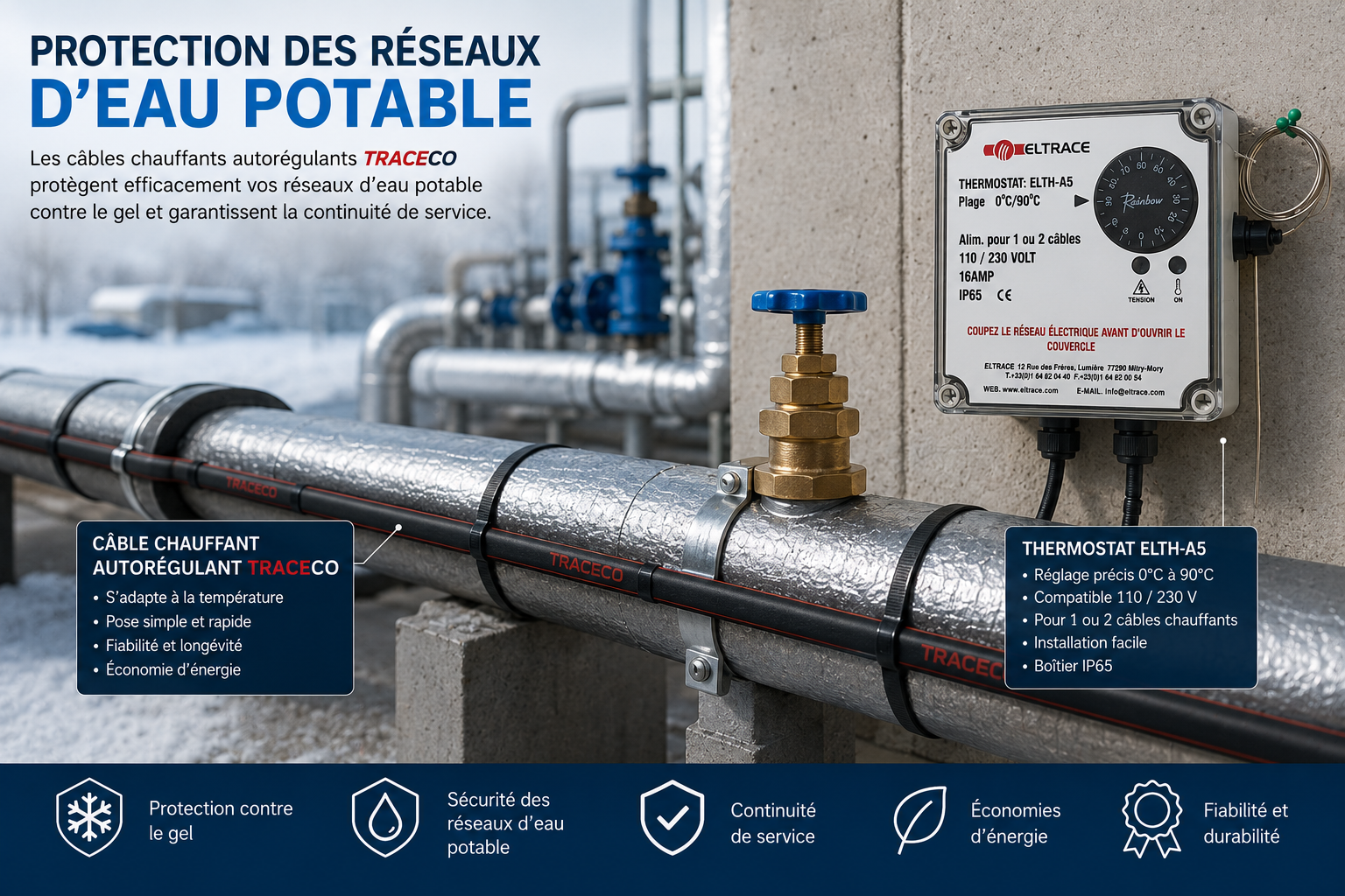 Protection des réseaux d'eau potable - ELTRACE Protection des réseaux d'eau potable par câble chauffant autorégulant TRACECO avec thermostat ELTH-A5 ELTRACE